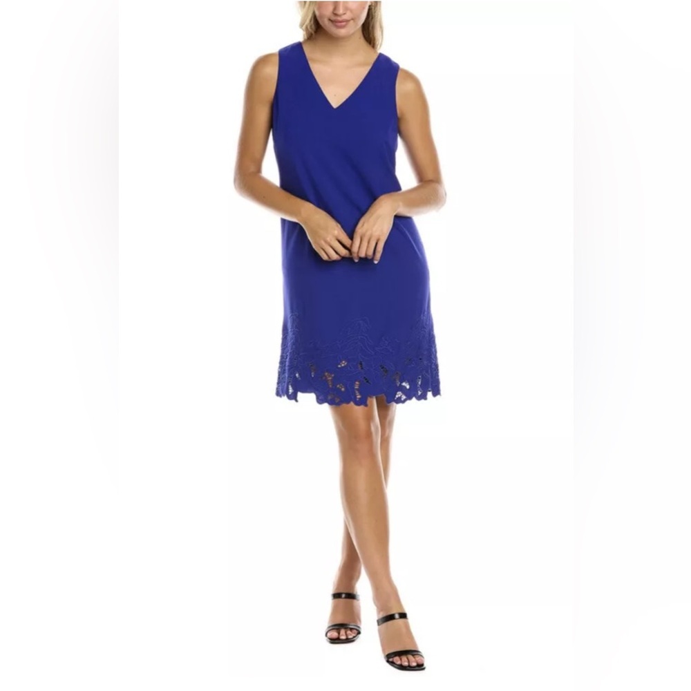 Tahari ASL‎ Women's Blue V Neck Stretch Crepe Lazer Cut Mini Dress Size 4